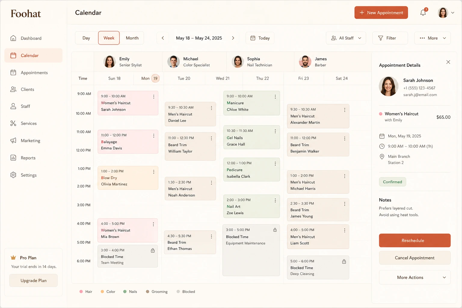 Nail salon appointment calendar dashboard with drag-and-drop scheduling, staff columns, and real-time booking management in Foohat software